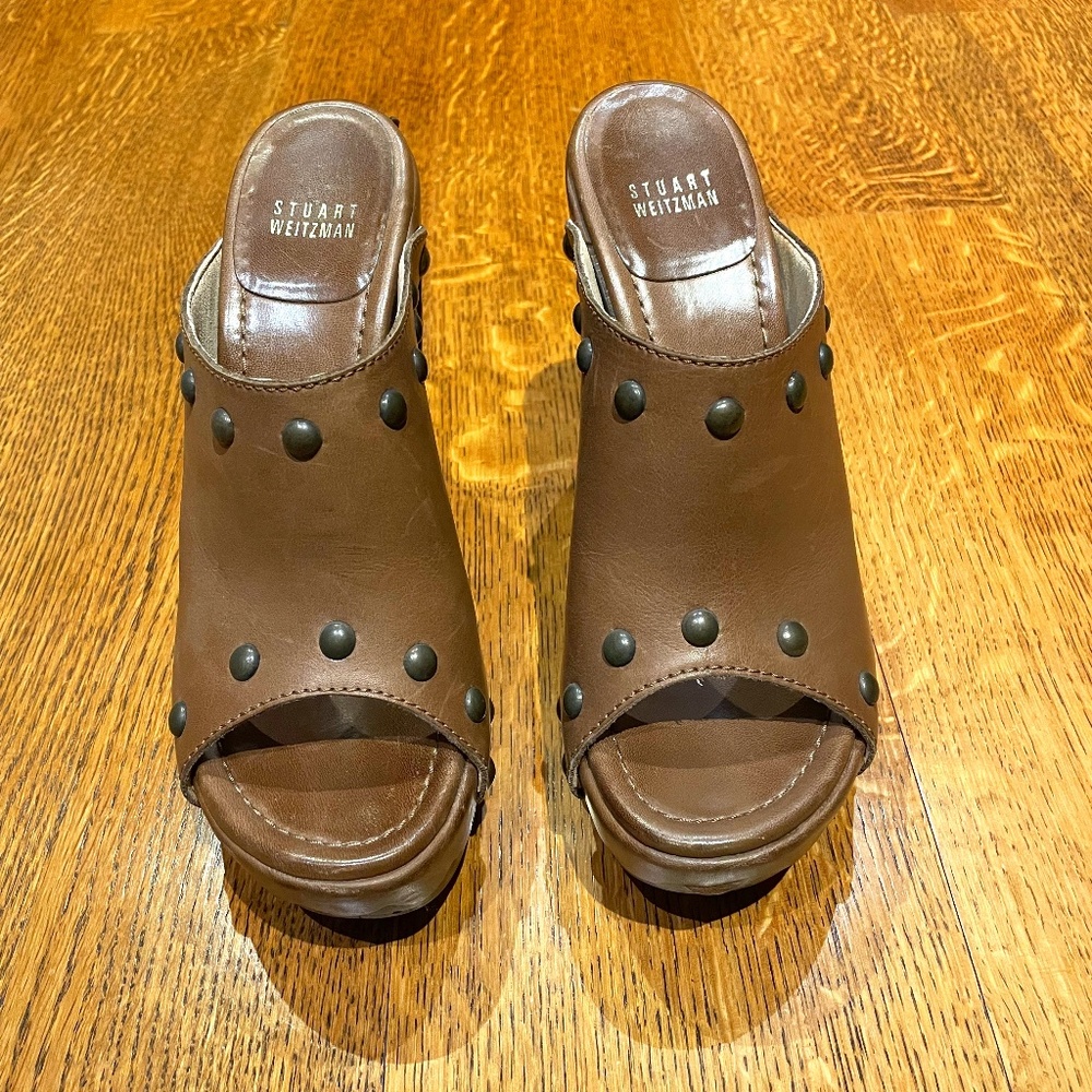 Stuart Weitzman Brown Leather open toe heeled Clog/Mule